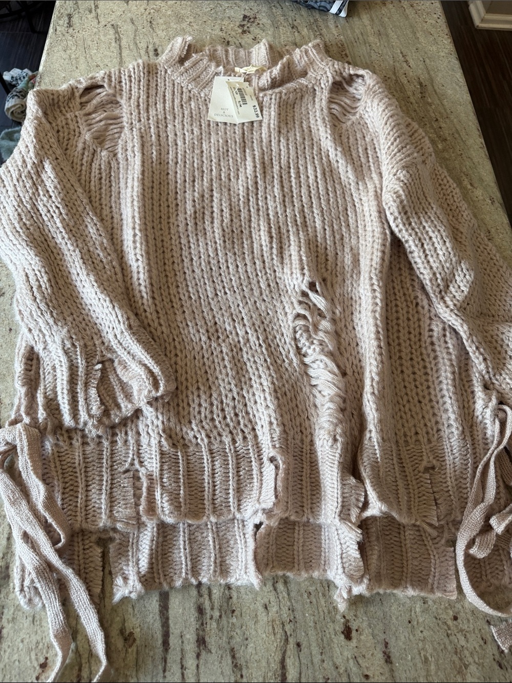 Cozy Distressed Knit Sweater in Blush Pink